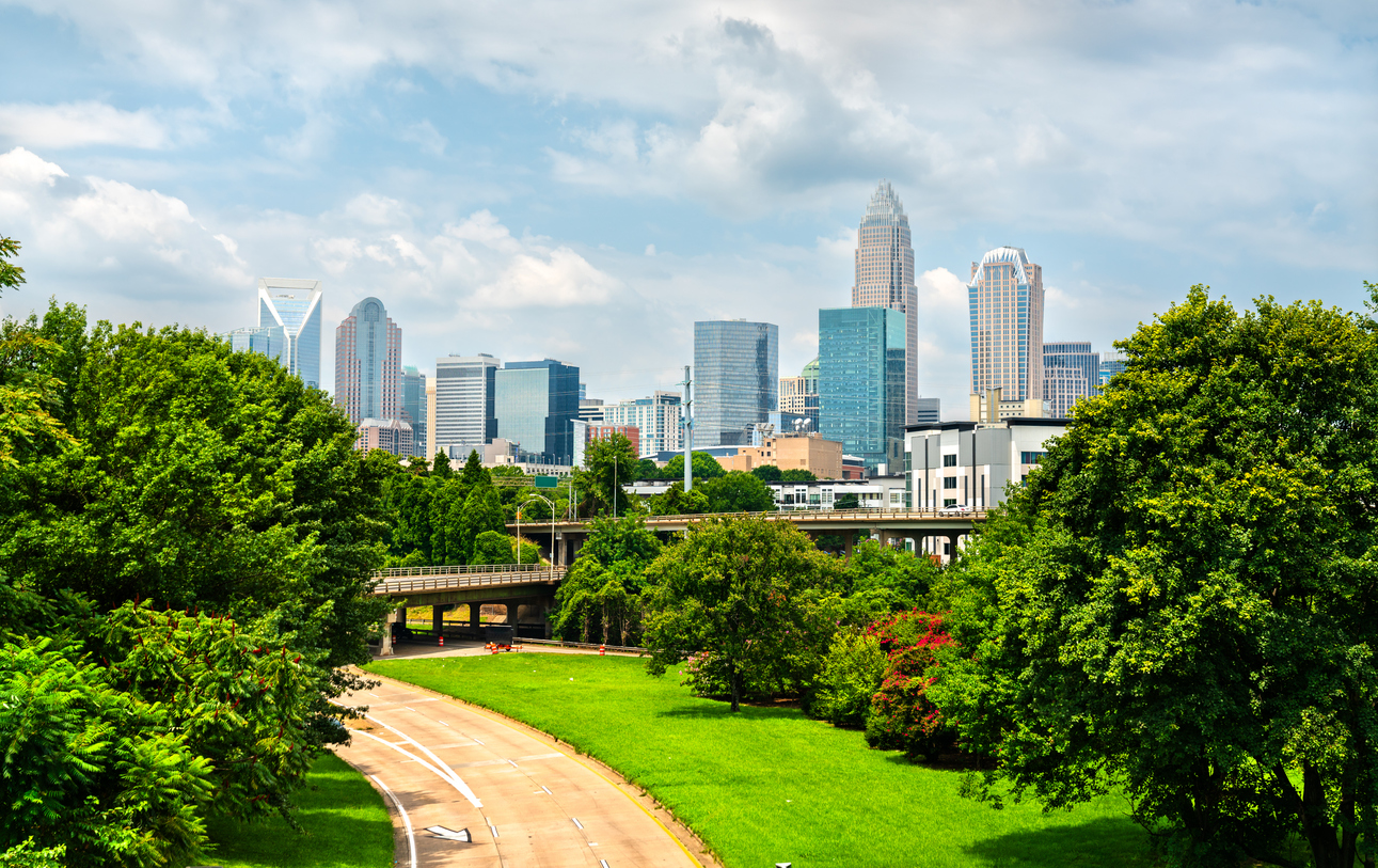 Charlotte city downtown skyline cityscape in North Carolina, USA.